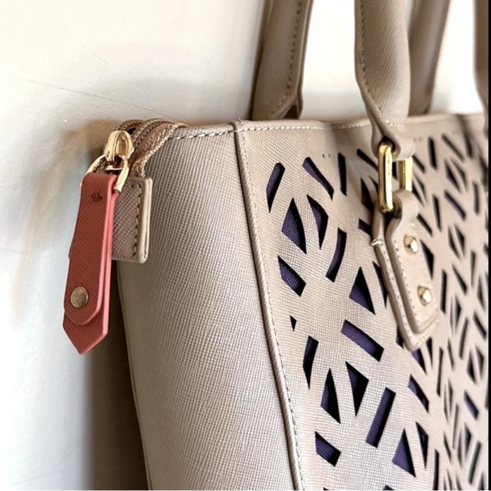 NWT Luminous Leather Tan Satchel Bag Tote Lazer cutouts NWT $109 - Picture 6 of 12